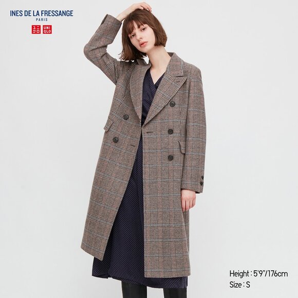UNIQLO x Ines de la Fressange Long Plaid Wool Blend Coat – Size XXS (Fits Small) - Picture 1 of 13